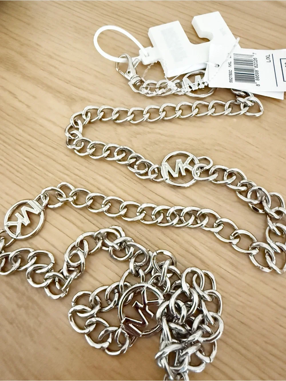 NEW Michael Michael Kors Silver-Tone MK Logo Adjustable Chain Belt Size L/XL